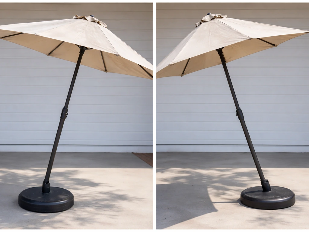Close-up of an umbrella pole showing side-to-side sway on one side and an off-center tilt on the other.