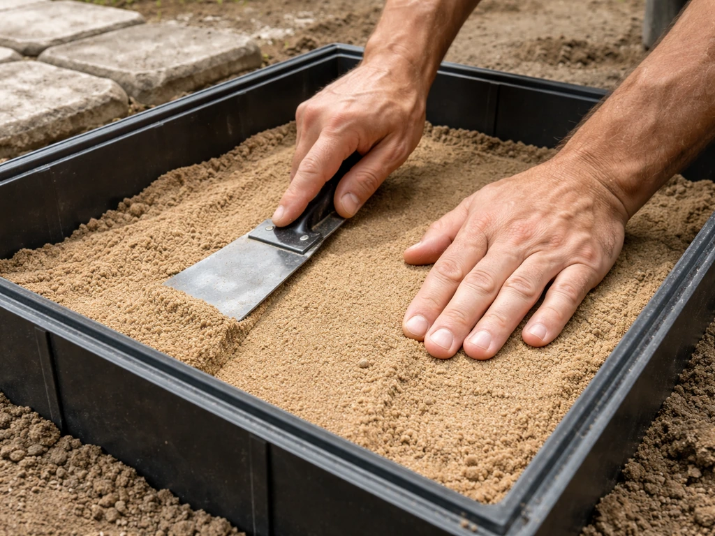 Close-up of hands packing dry sand into a base compartment, filling corners and leveling the surface.