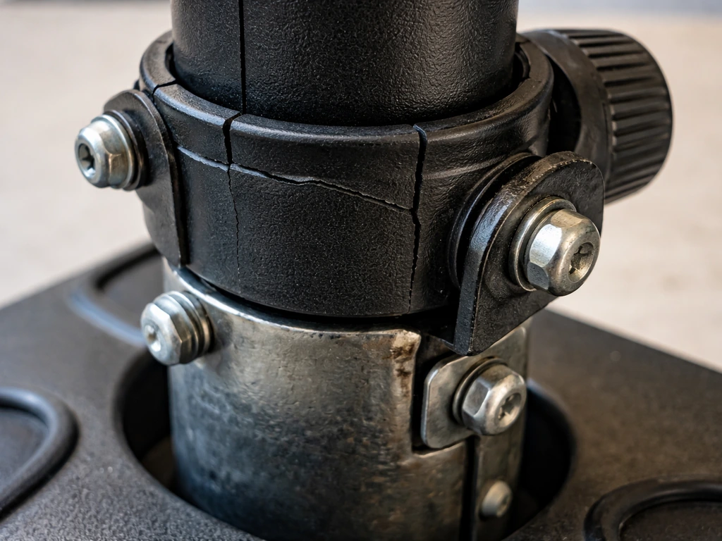 Close-up of an umbrella tilt collar and fasteners showing cracks and slight looseness on a workbench.