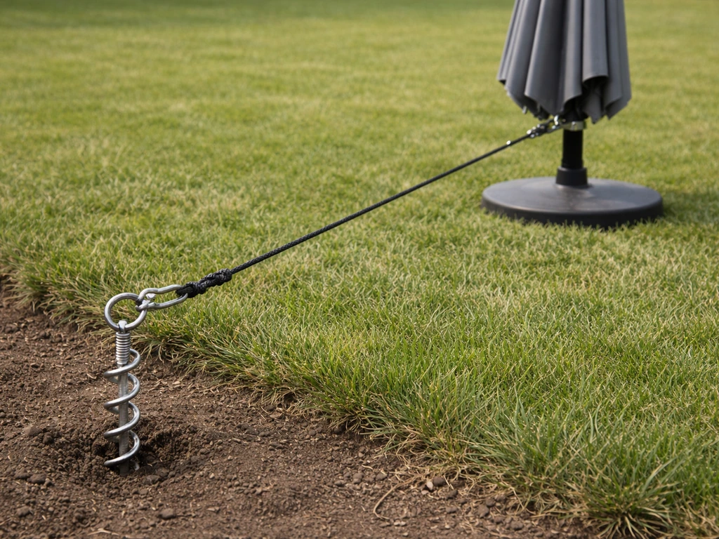 Screw-in ground anchor staked into soil with a tether line securing an outdoor umbrella