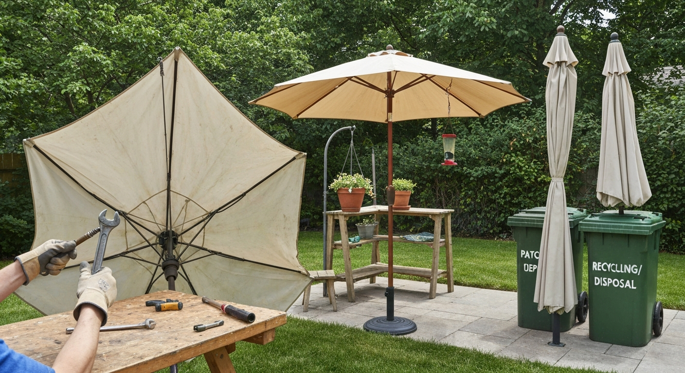 Three old patio umbrellas: one being repaired, one repurposed, and one ready for recycling.