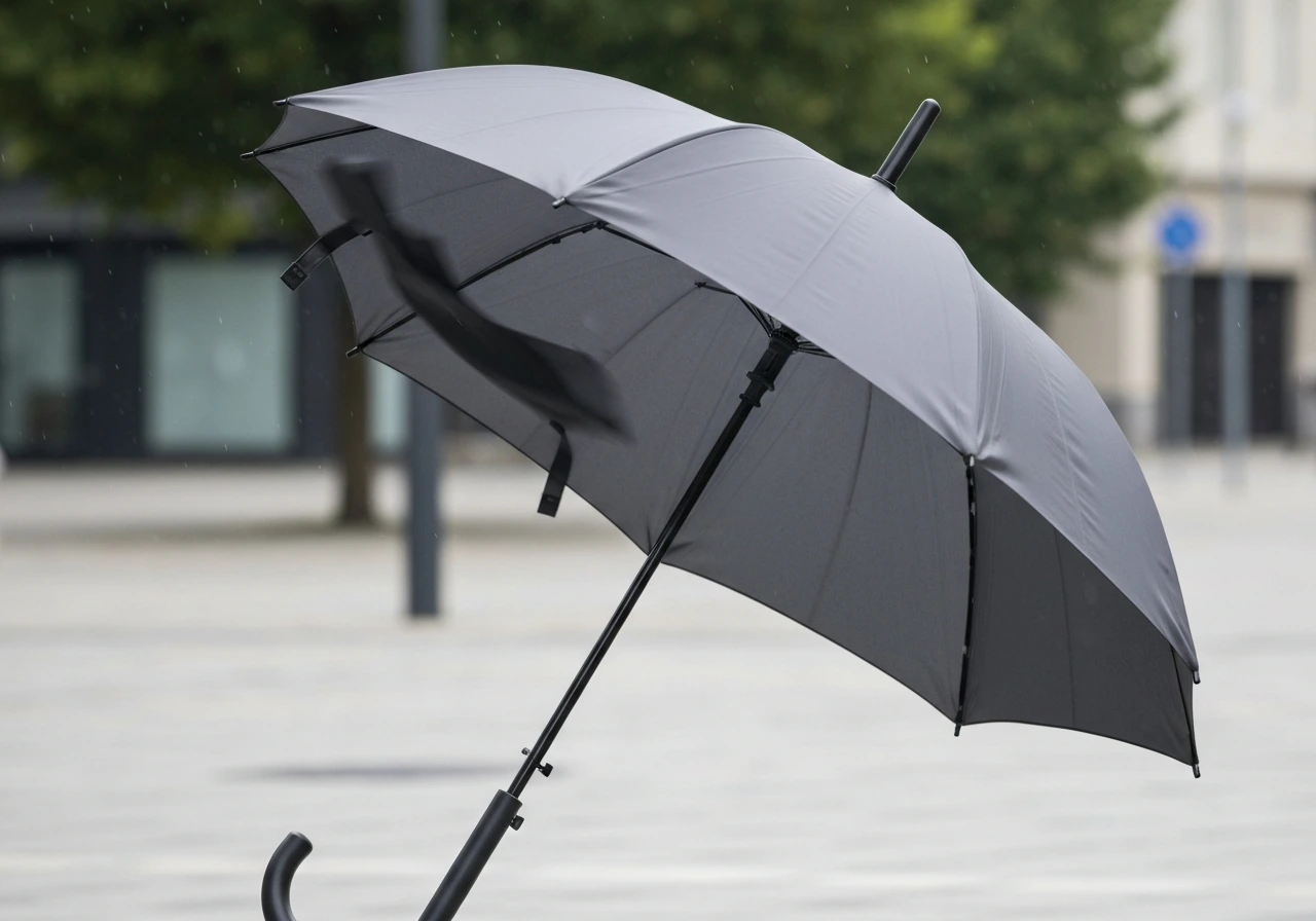 Umbrella canopy billows in wind like a sail, pole tilted with visible wobble and fluttering fabric.