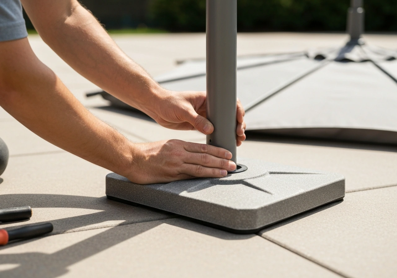 Hands aligning a heavy center-post umbrella base to the umbrella pole for a centered, stable fit.