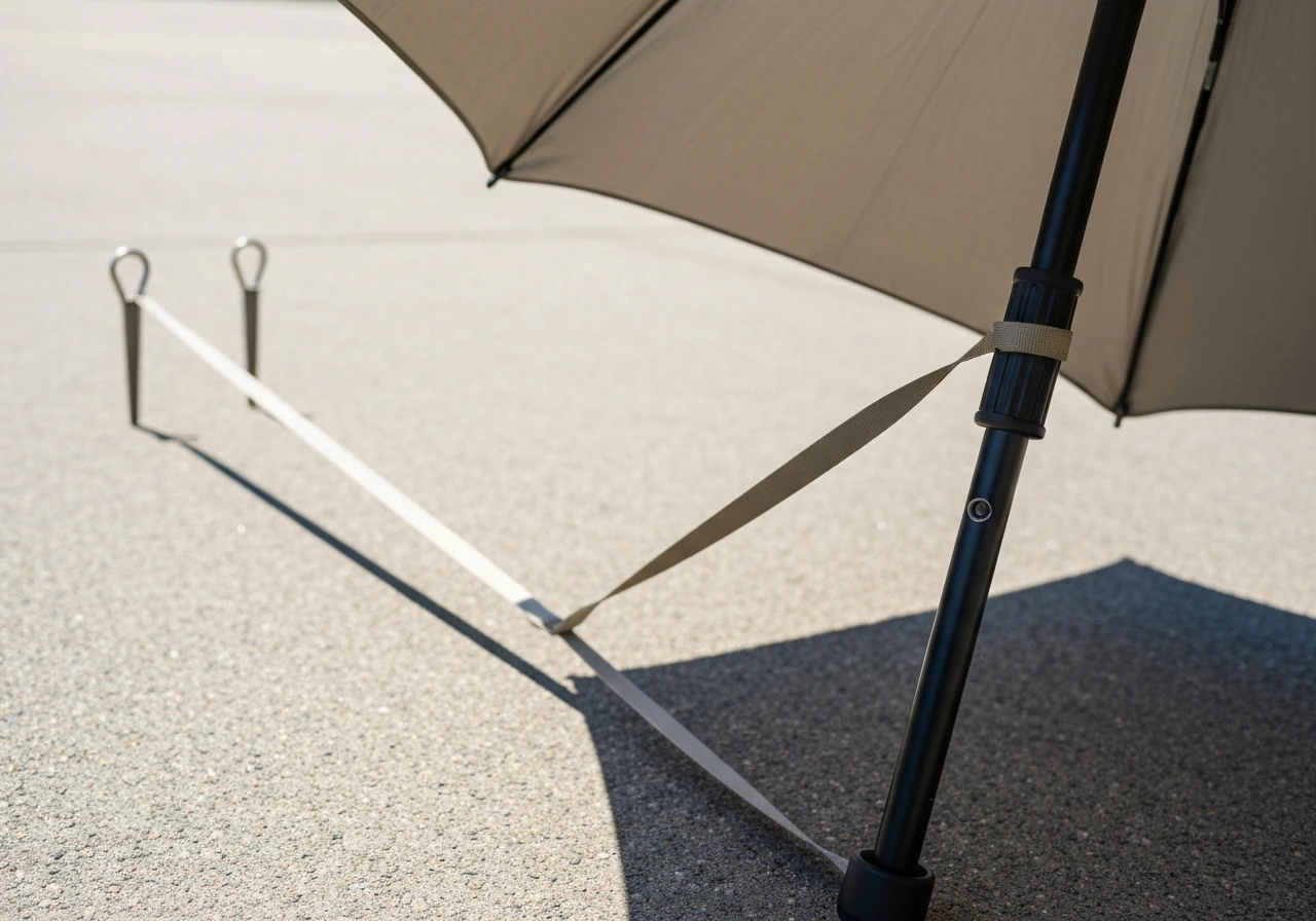 Close-up of an umbrella secured with tensioned straps and tie-downs to anchored points outdoors.