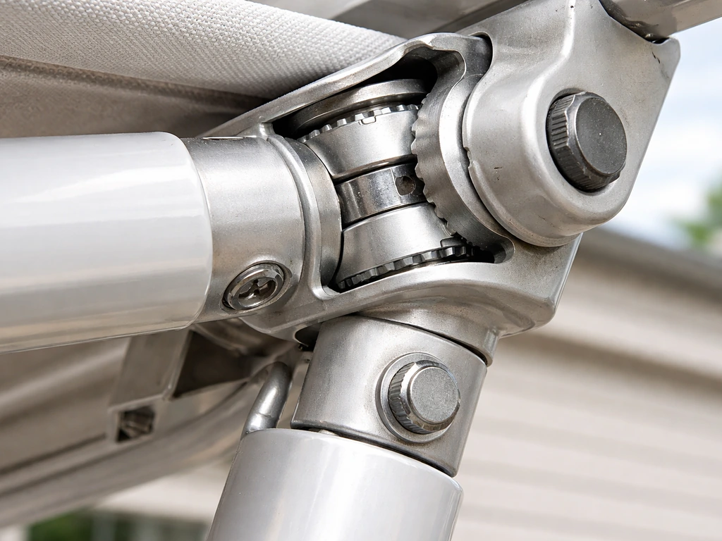Close-up of a patio canopy tilt mechanism with the coupler aligned, showing the wobble area and secure engagement