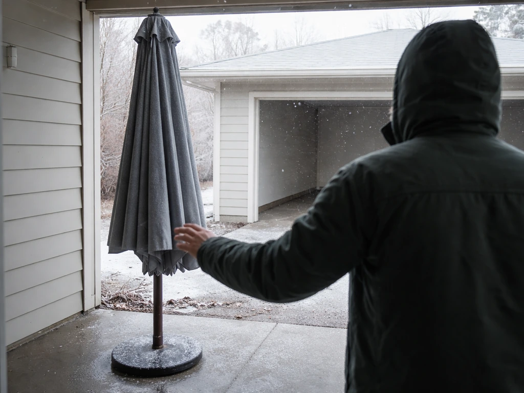 Homeowner weighing whether to leave a patio umbrella outside for winter under a nearby garage storage spot.