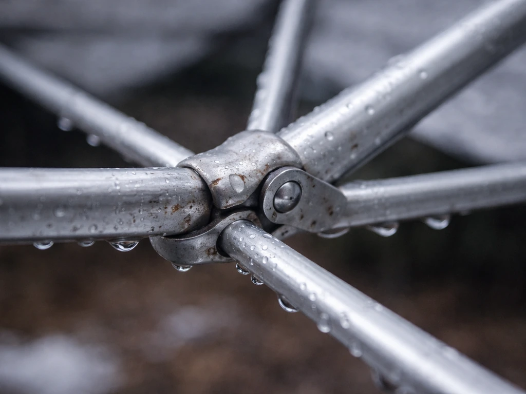 Close-up of an umbrella frame joint with slight oxidation and moisture residue near ribs.