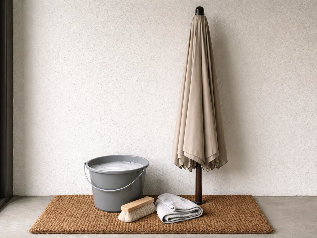 Closed umbrella drying near cleaning supplies with a brush and soapy water bucket in a simple outdoor entry area.