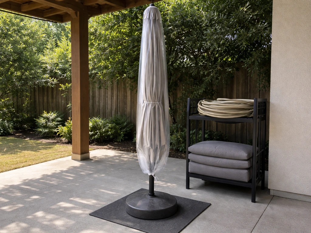 Umbrella stored under a patio pergola with a clear cover, keeping it protected outdoors.