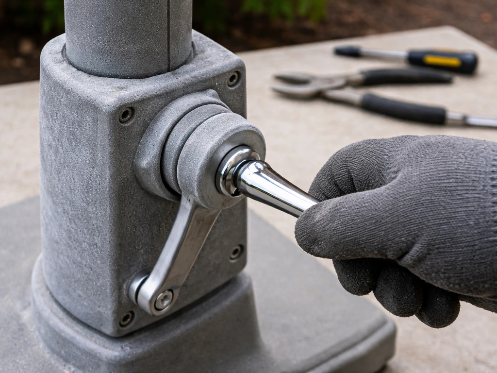 Gloved hand slowly turns a canopy crank, showing the gear housing during post-winter inspection.