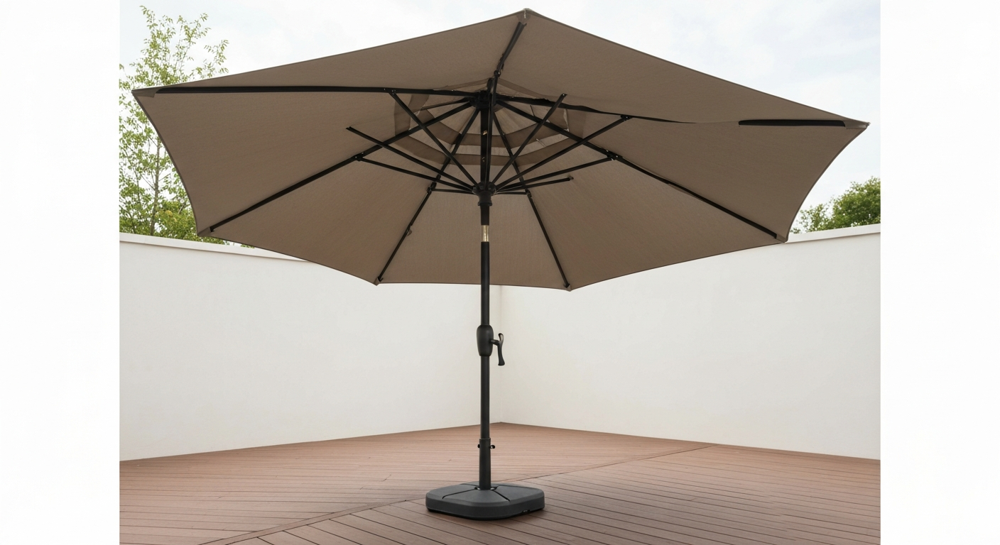 Three-quarter photo of a fully assembled 15-foot triple-vent patio umbrella showing stacked vents, ribs, crank pole, and weighted base