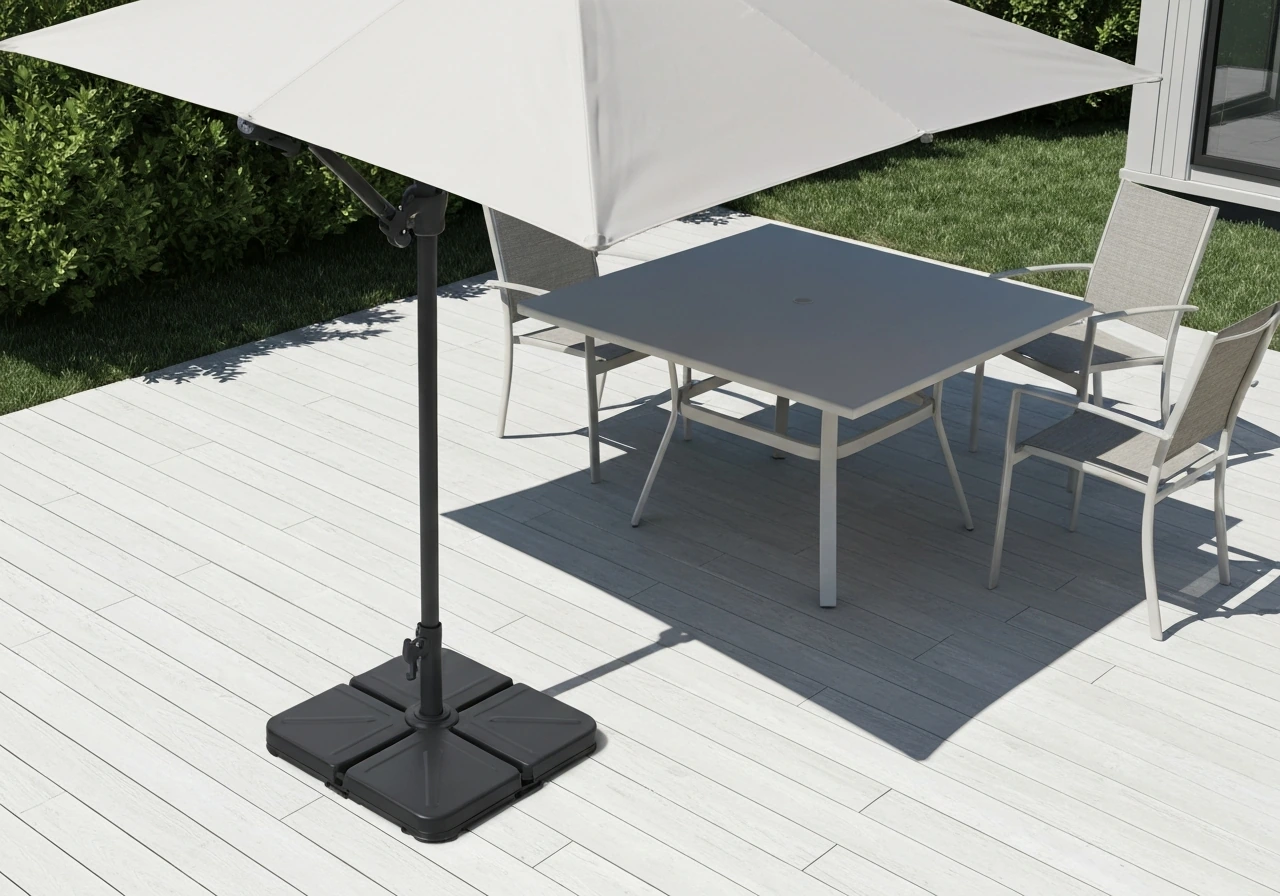 Patio umbrella correctly positioned over a table and chairs, with base placement clearly visible on the ground.