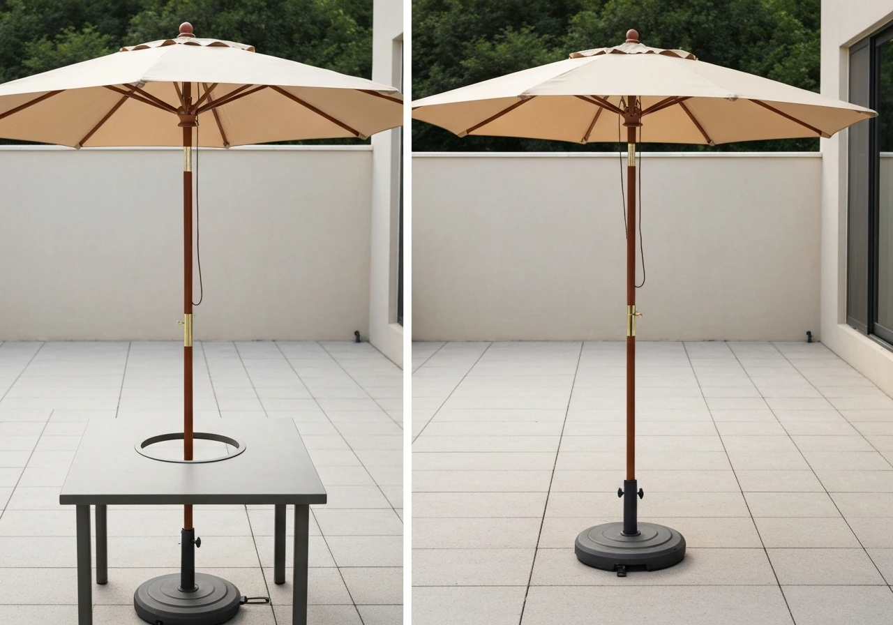 Side-by-side: a patio table umbrella pole through a tabletop hole vs a freestanding umbrella on a floor base.