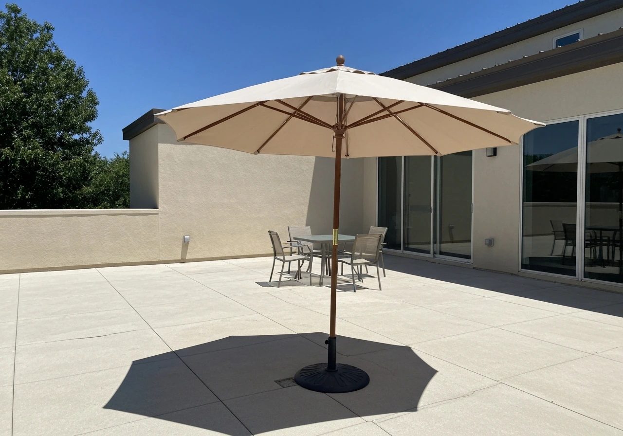 Open patio umbrella on a sunny patio with its canopy shadow offset from nearby furniture.