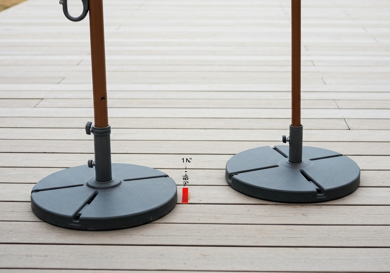 Patio umbrella weighted base placed 12–18 inches from the edge, with an unsafe near-edge base shown
