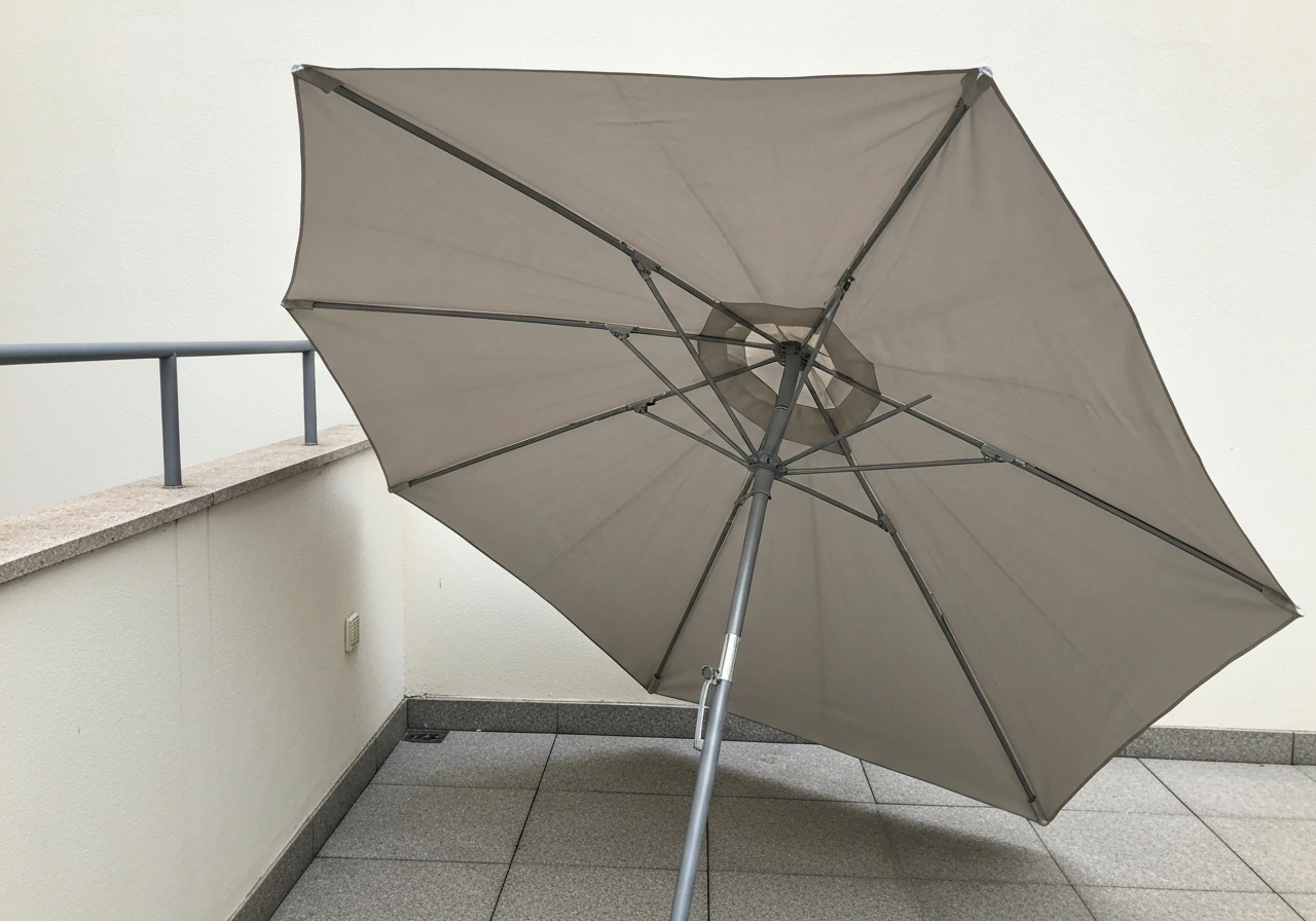 Open tilting patio umbrella with visible ribs and clear space around a wall edge and railing.