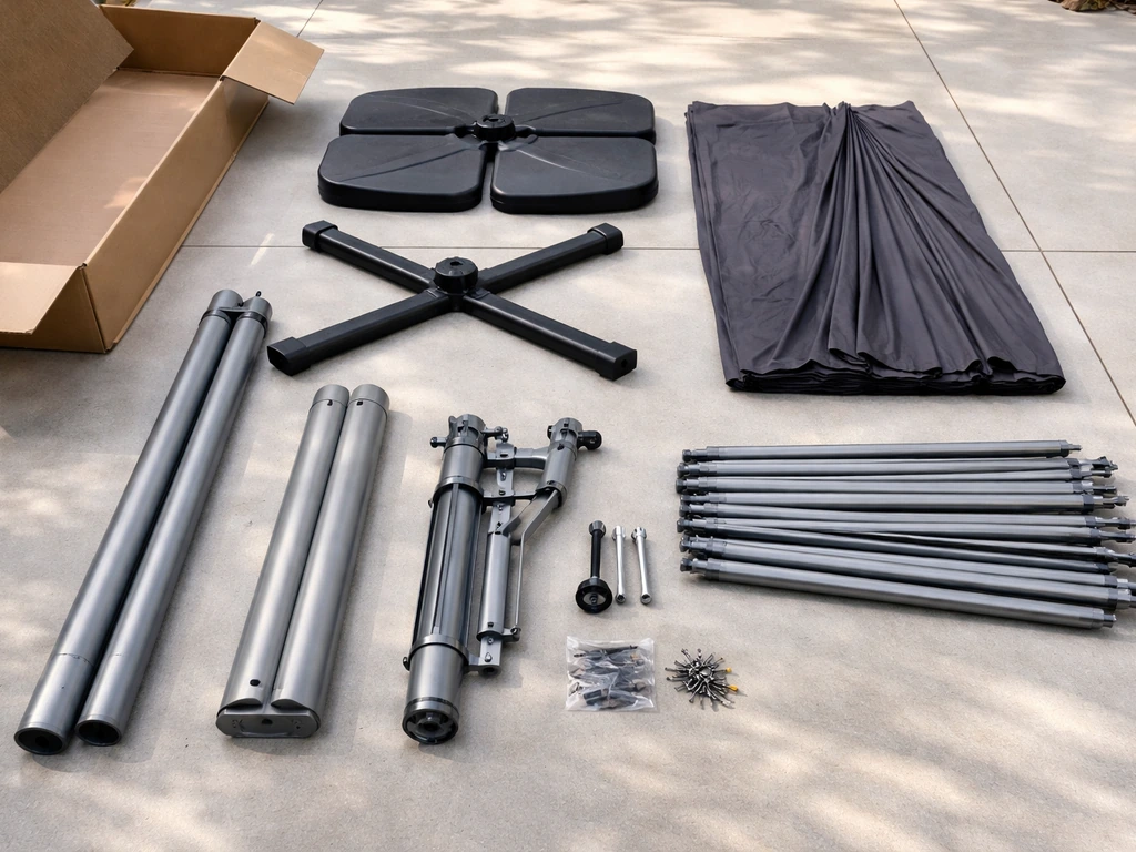 Offset patio umbrella components laid out on a patio—base pieces, mast, ribs, canopy fabric, and hardware.