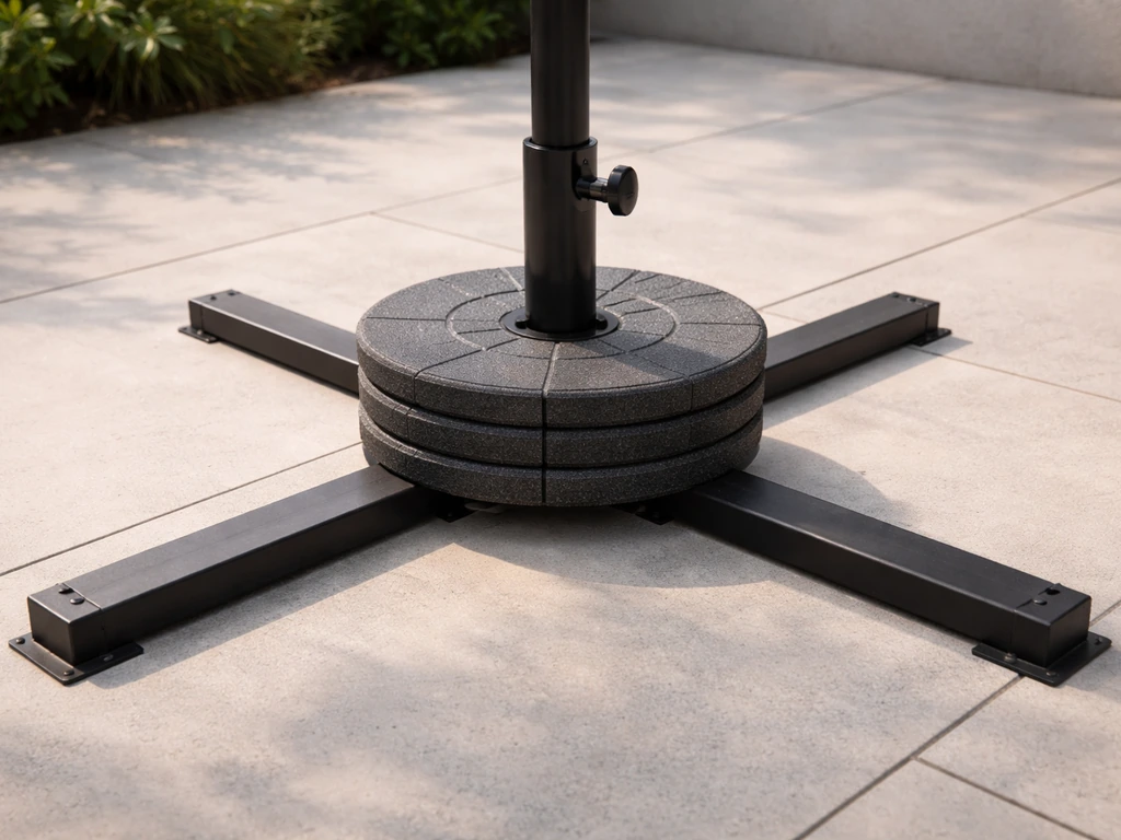 Close-up of an assembled offset umbrella X-frame base with weight plates stacked on the central pole.