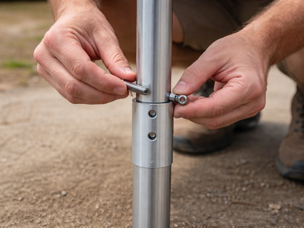 Hands aligning two mast sections and inserting a hitch pin/bolt at the pin holes to secure the joint