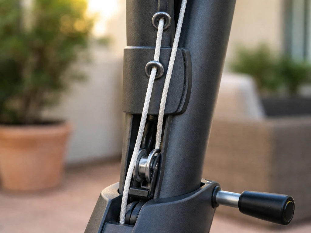 Close-up of umbrella mast base showing cord routed through guides to the lower hub pulley area.