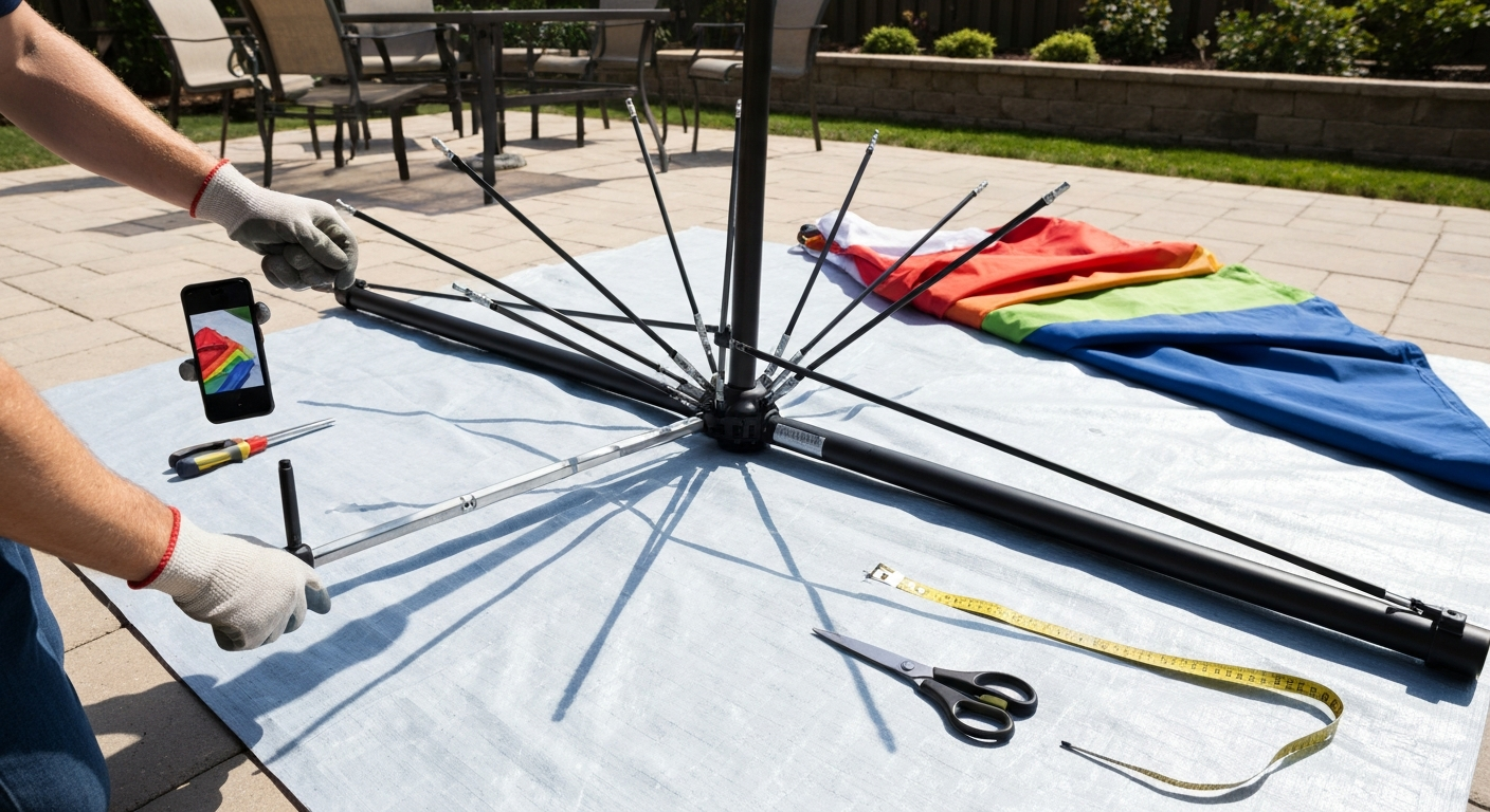 Homeowner removing old umbrella canopy and preparing to install a new fabric on a laid-out frame.