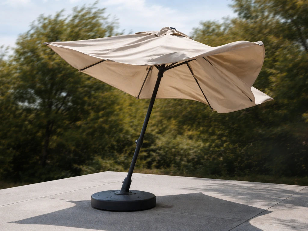 Patio umbrella in strong wind, canopy lifted like a sail while the base tilts slightly on the patio