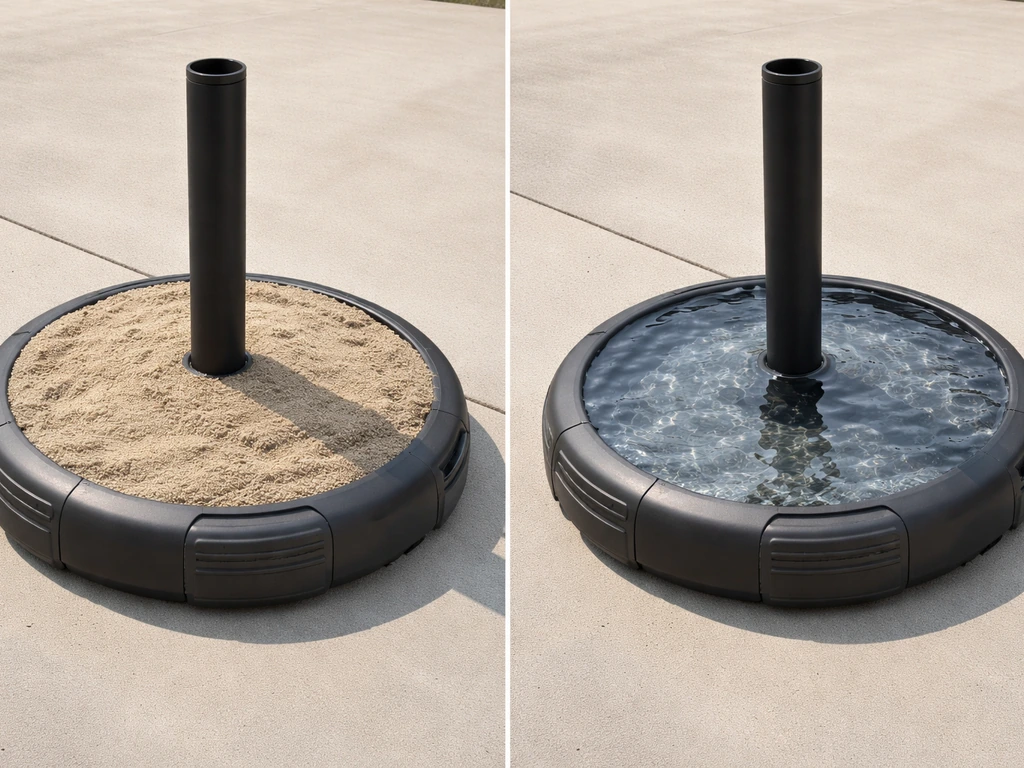 Split view of an umbrella base filled with sand versus water in simple containers.