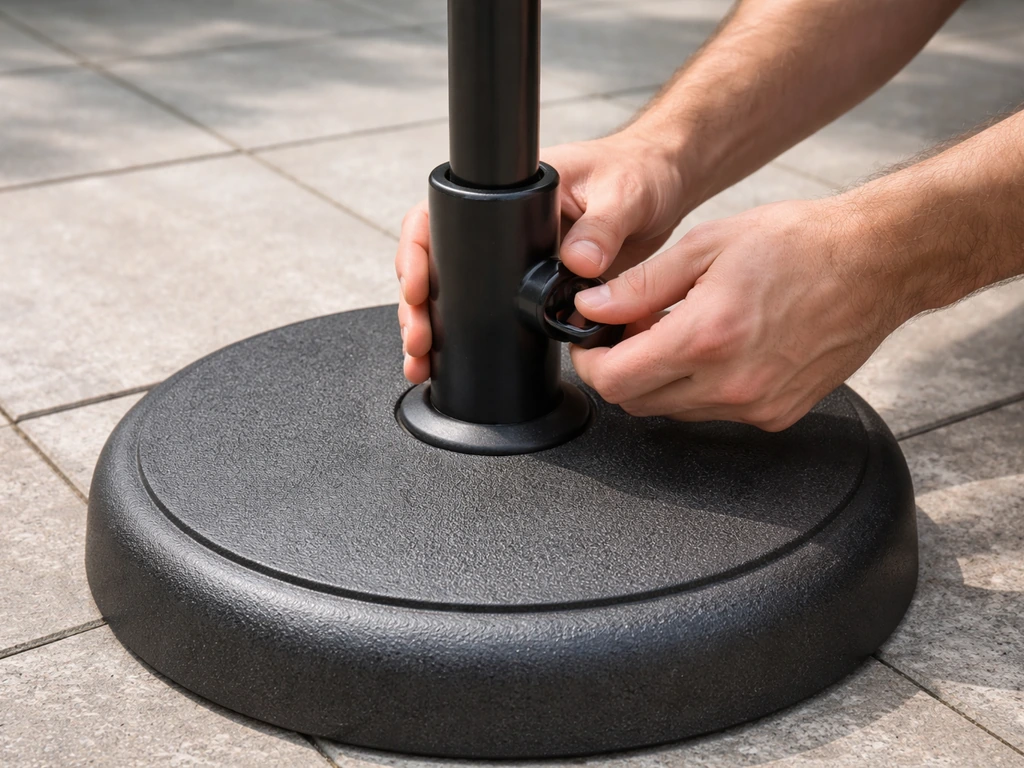 Hands locking an umbrella center pole into a stand on a flat patio surface