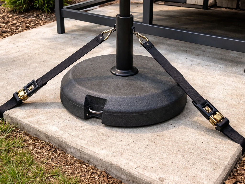 Patio umbrella base secured with taut ratchet tie-down straps to a heavy anchor point on concrete.