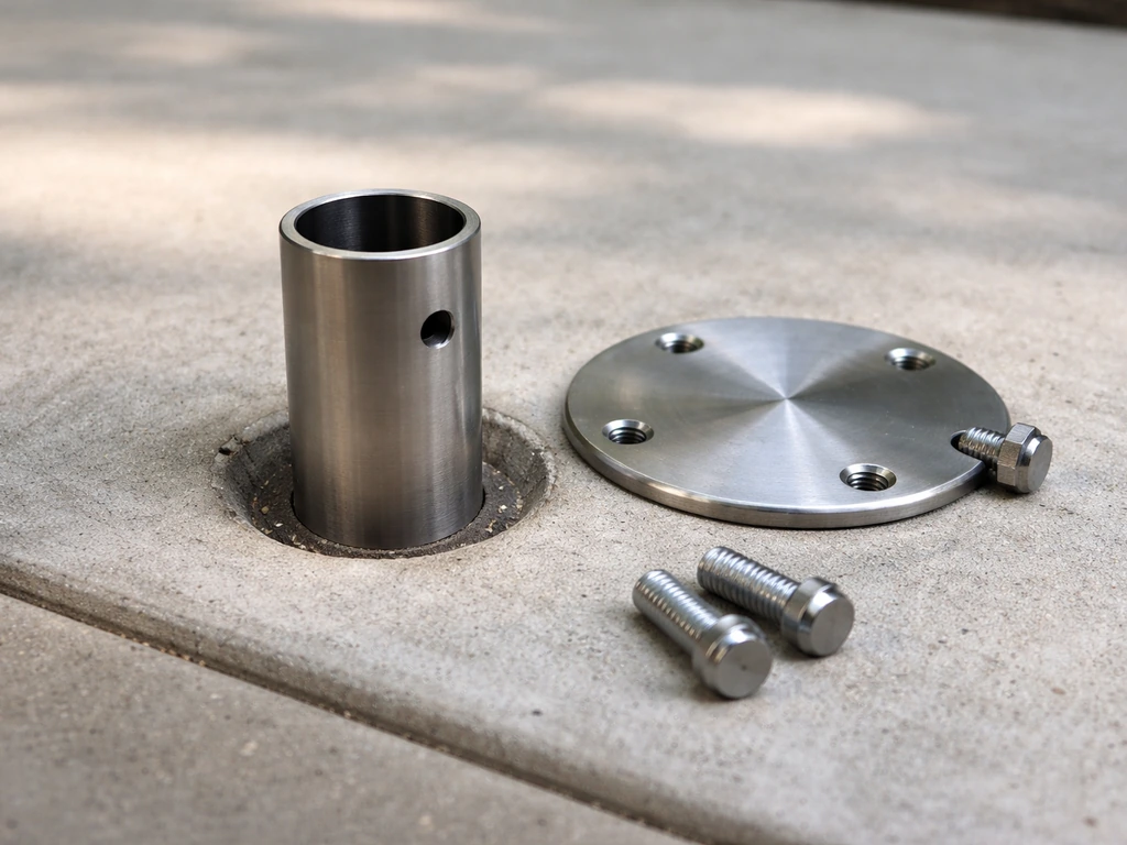 Close-up of a cylindrical sleeve-in-footing umbrella mount with a metal base plate on concrete