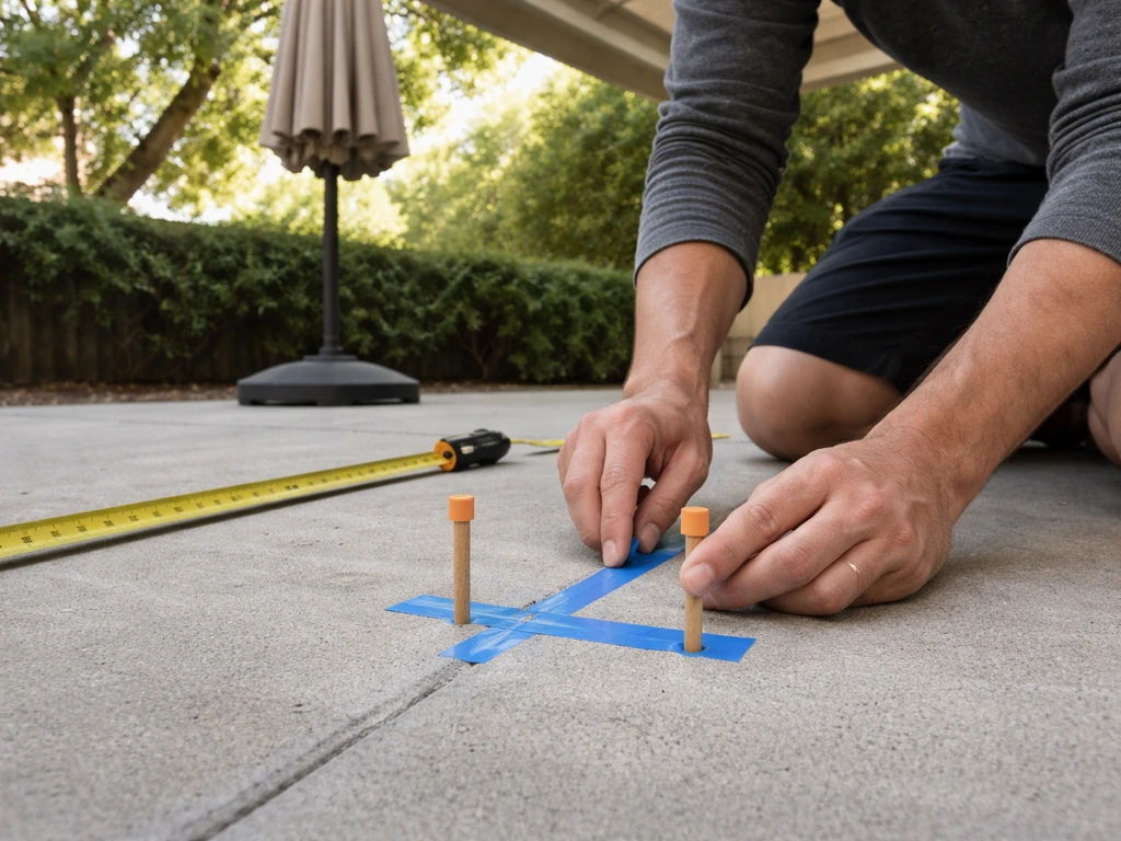 Hands mark a concrete patio with tape and stakes while checking an umbrella spot under roof overhang.