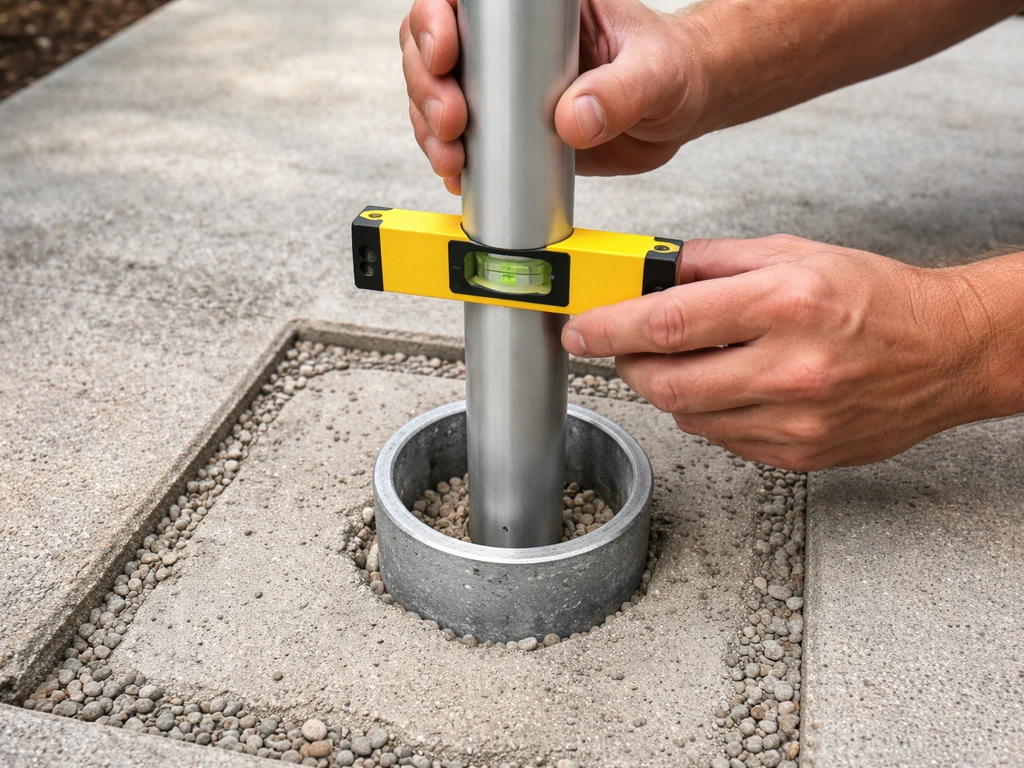 Hands insert an umbrella pole into a concrete in-ground sleeve while a level checks alignment.