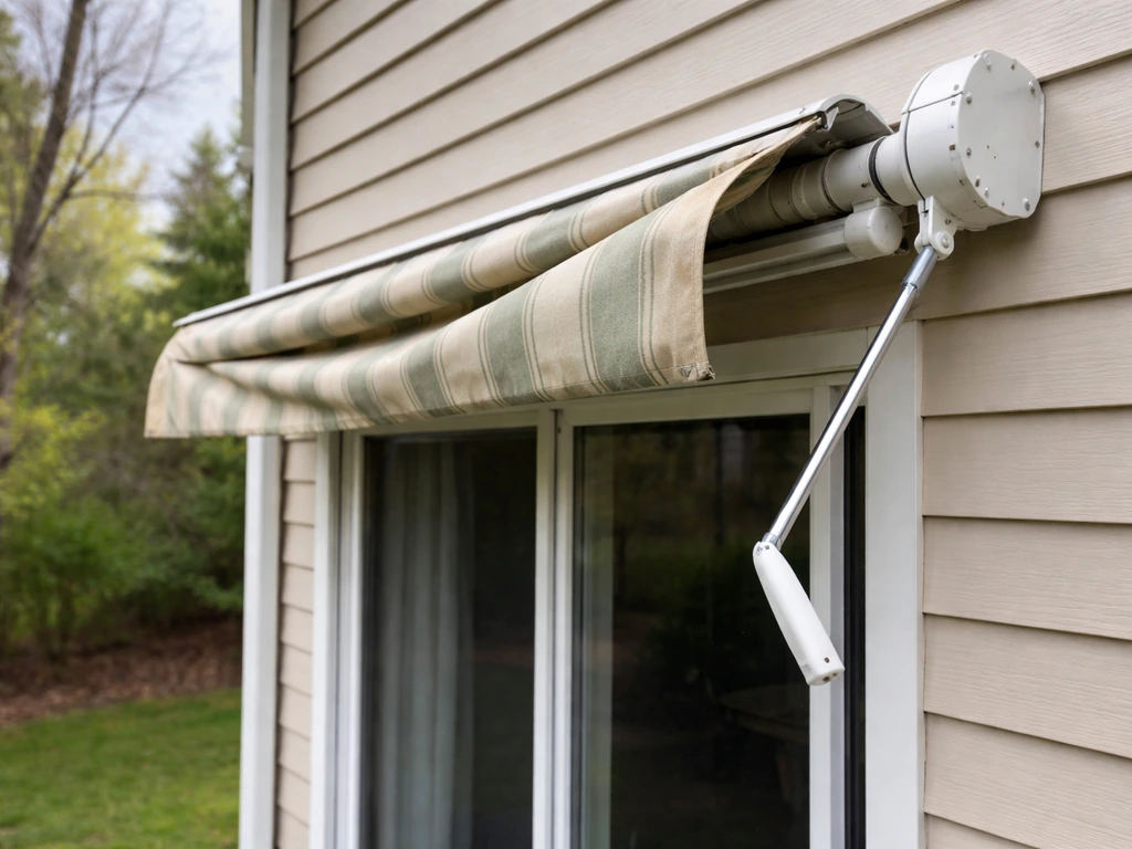 Exterior of a manual retract patio awning with crank/roller housing visible, fabric partly retracted.