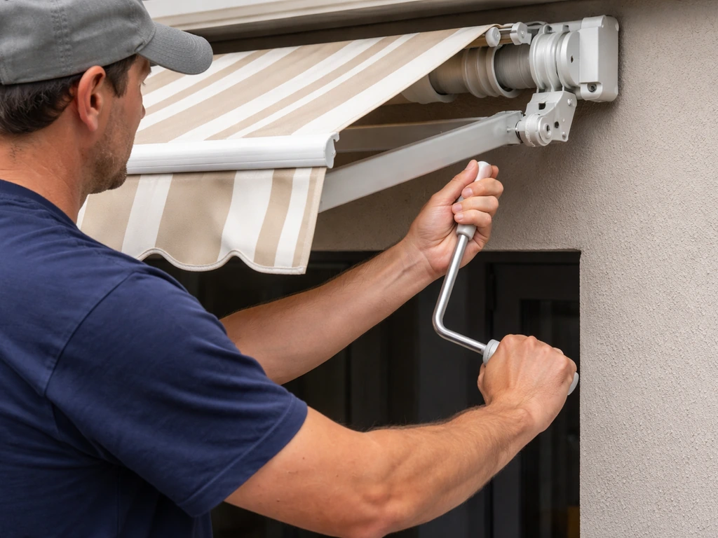 Worker cranks a manual retractable awning slowly, hands away from pinch points, inspecting smooth motion.