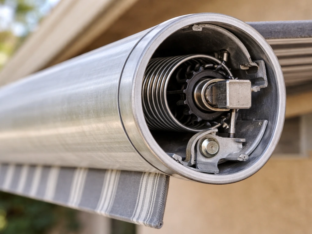 Close-up of an awning roller tube end with visible internal torsion spring assembly where fabric winds.