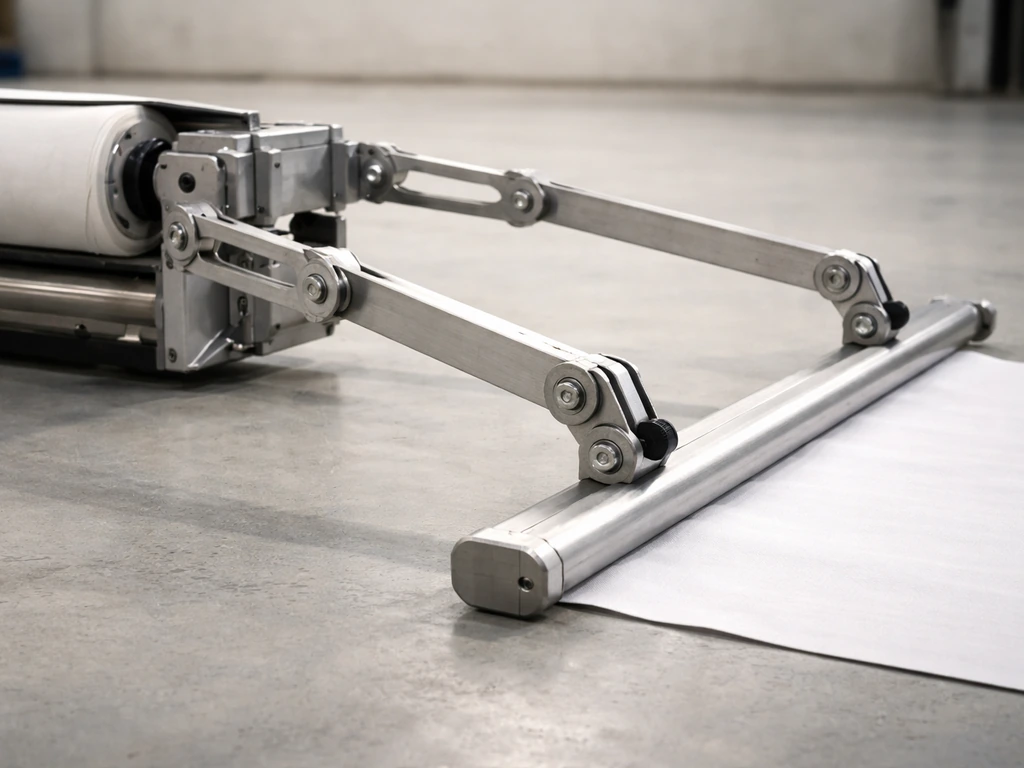 Side profile of two articulated arms connected to a weighted front bar over a fabric roller, level and aligned.