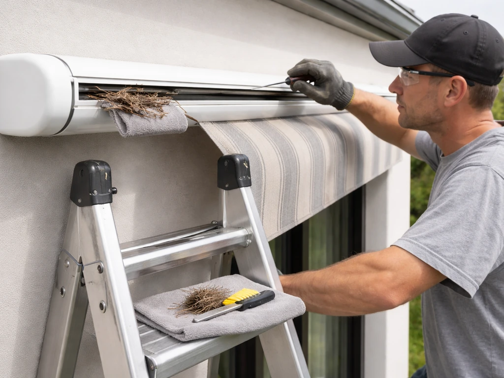Ladder and tools beside a partially extended awning cassette while checking the housing slot for debris.