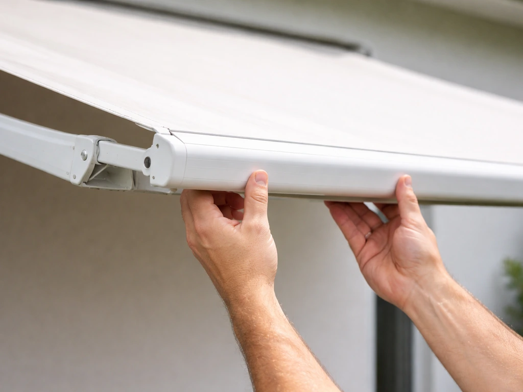 Hands gently pushing the front bar of a partially extended awning to relieve tension before retrying the crank