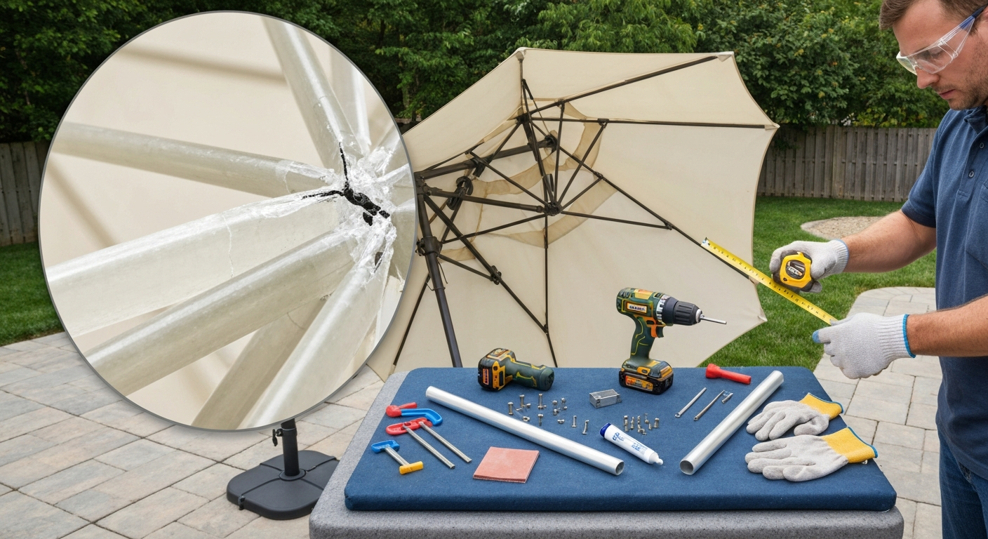 Patio umbrella partially collapsed showing a cracked fiberglass rib with repair tools (drill, rivet gun, epoxy, sleeve tube, clamps) on a workbench and a person inspecting the frame.