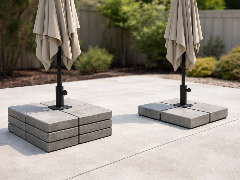 Two patio umbrella bases side-by-side showing heavier vs lighter concrete ballast for wind resistance.