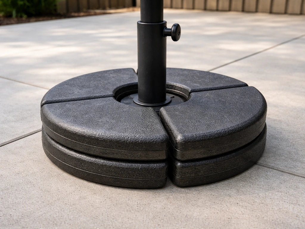 Ballast weight plates stacked around an outdoor umbrella pole base on a patio