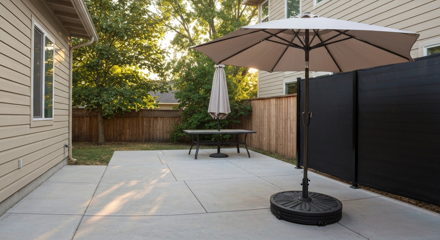 Stable patio umbrella closed and secured in a heavy base on a backyard patio near a privacy fence.