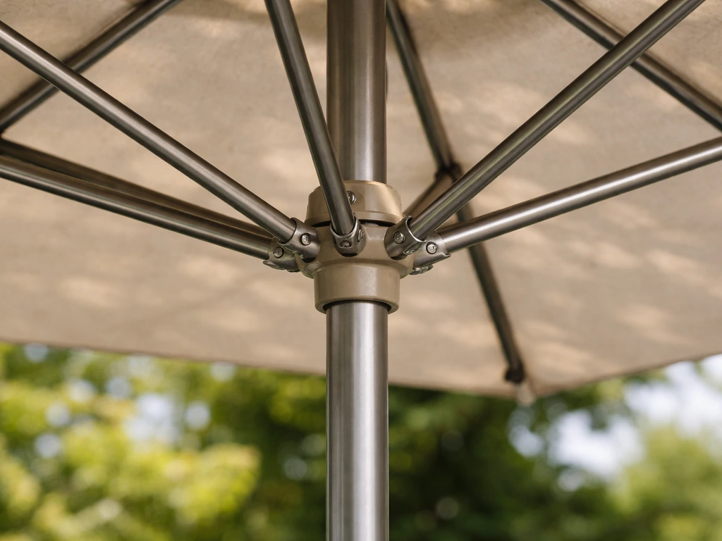 Close-up of a center-pole patio umbrella with a single central pole and ribs fanning from the top hub