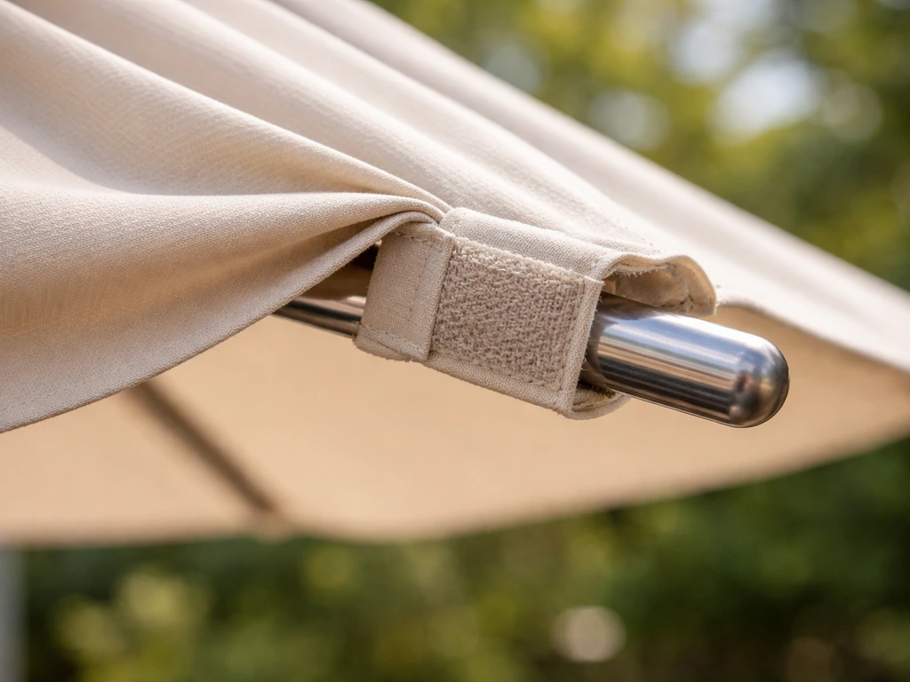 Close-up of a patio umbrella canopy fabric flap attached to a rib tip with a Velcro-like fastener.