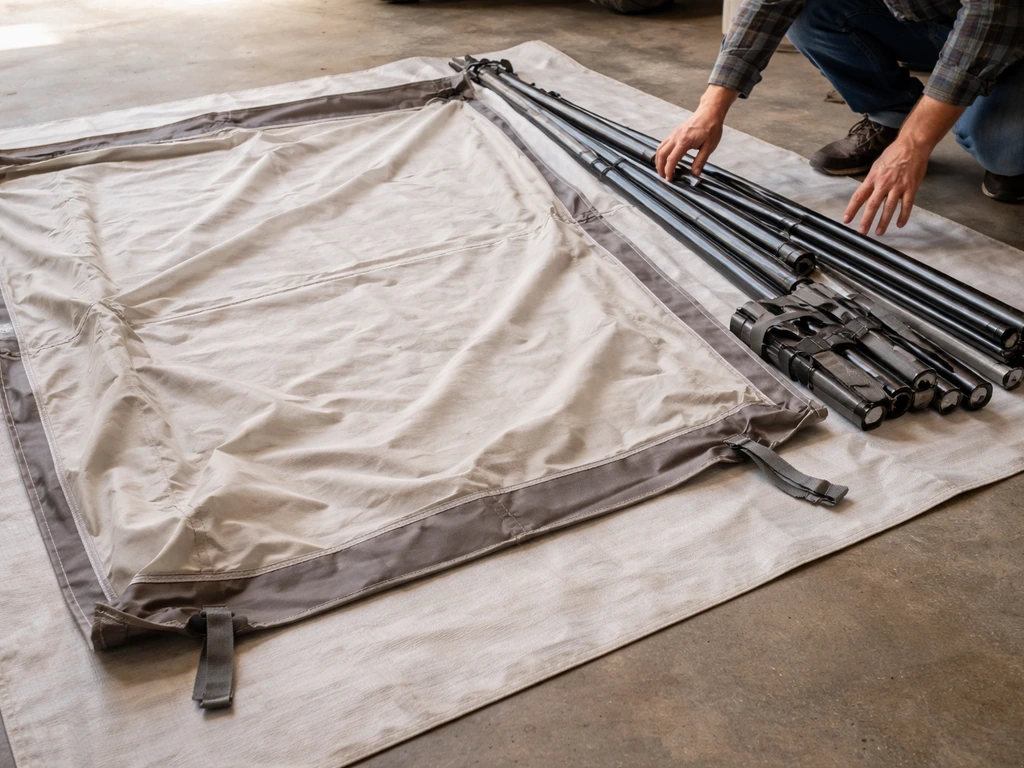 Canopy fabric underside laid flat on a tarp with ribs and straps laid beside it for inspection