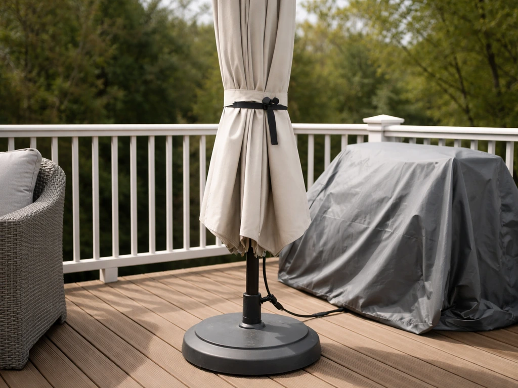 Closed patio umbrella secured on a deck, with rain cover ready and an unopenable feel.