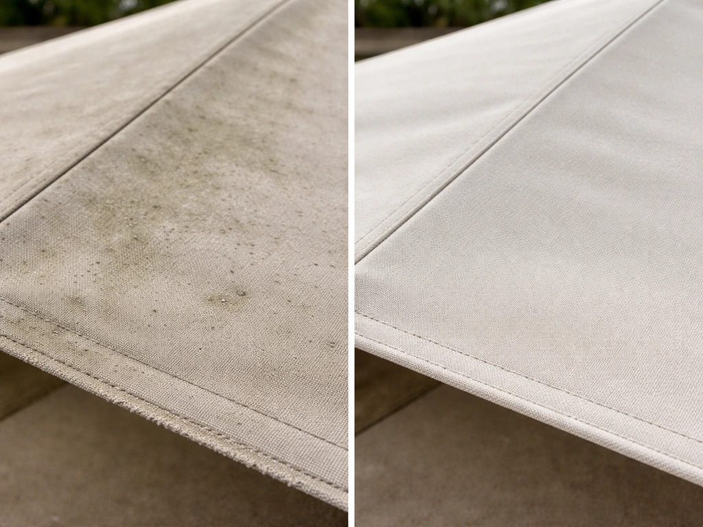 Split closeup of an outdoor umbrella canopy: left faded and mildly stained, right clean and protected.