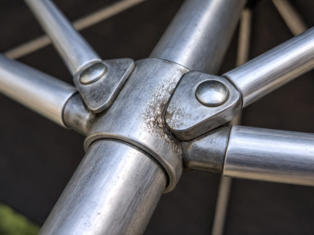 Closeup of an umbrella frame joint showing scratched anodized/powder-coated finish and slight corrosion