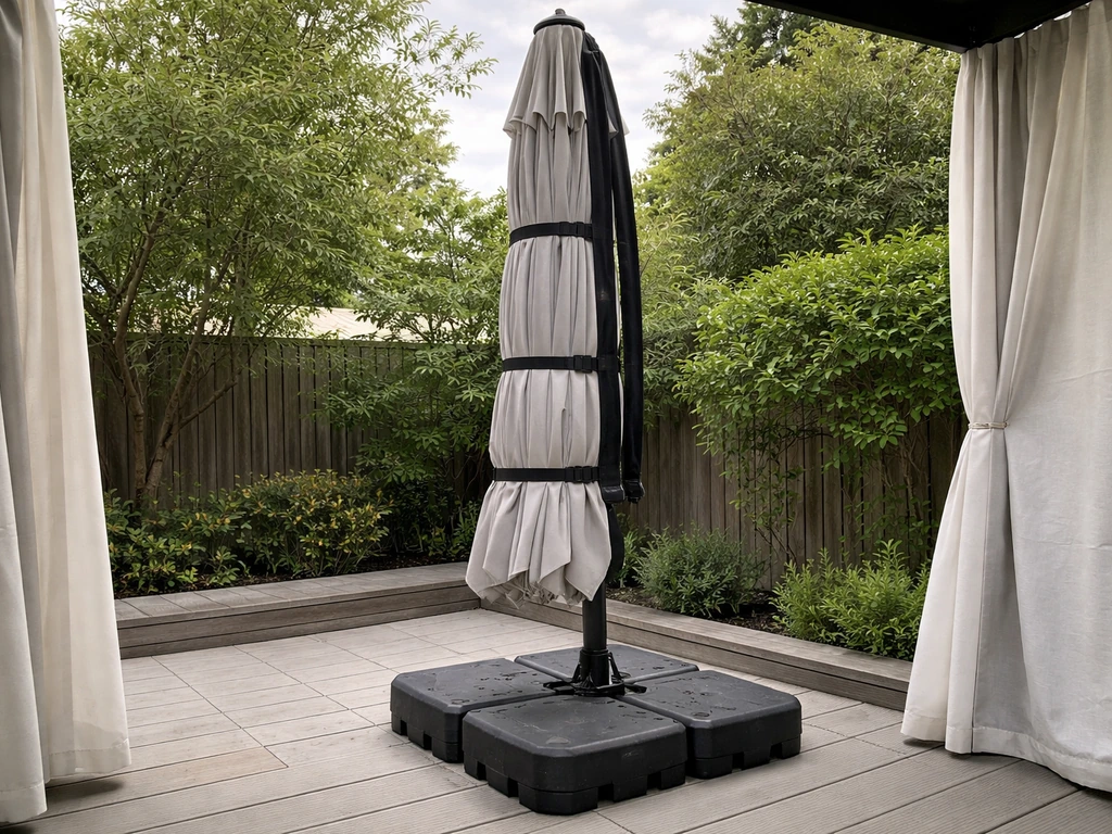 Closed patio cantilever umbrella outside with straps secured and base weighted against wind
