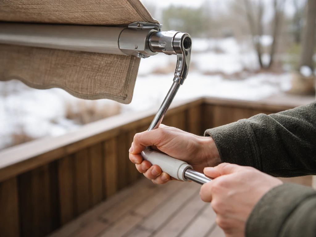 Anonymous hands turning an awning’s crank open and closed on a patio in winter light.